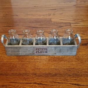 Wood crate with 5 milk bottles, Petites Fleur